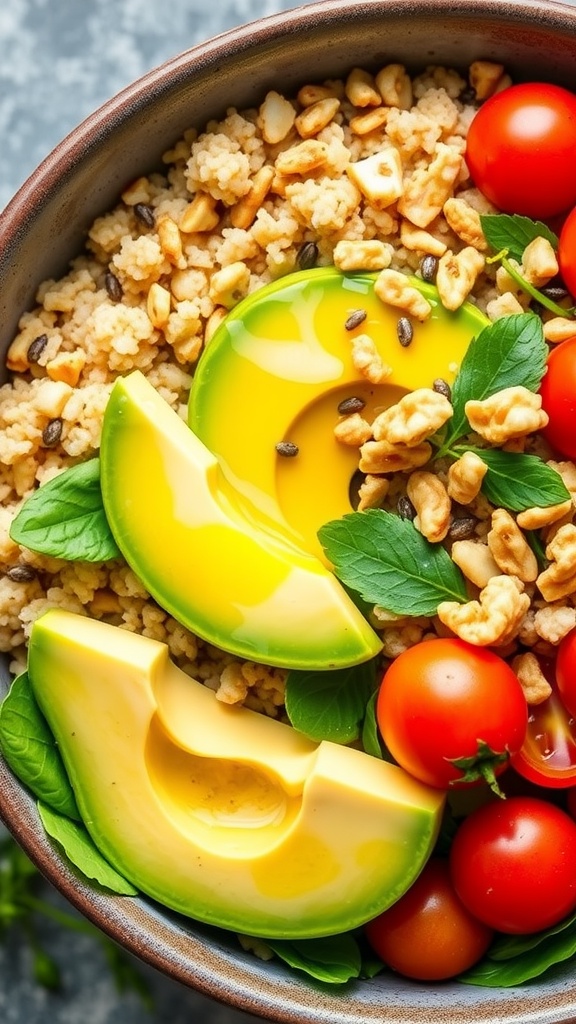 A colorful vegan bowl with quinoa, flaxseeds, chia seeds, spinach, avocado, cherry tomatoes, and walnuts, garnished with herbs.